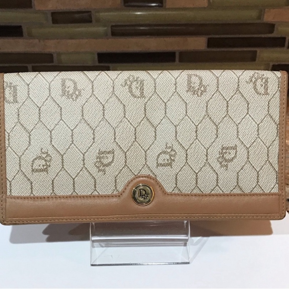 Dior Beige Monogram Canvas Wallet with Tan Leather Trim